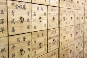 A photo of wooden drawers containing Traditional Chinese herbs 